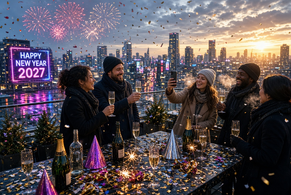 Five diverse friends celebrate on a rooftop terrace at dusk, laughing and toasting with champagne while one takes a group selfie. Colorful fireworks light up the city skyline behind a glowing neon “Happy New Year 2027” sign, with confetti falling and party decorations on the table.