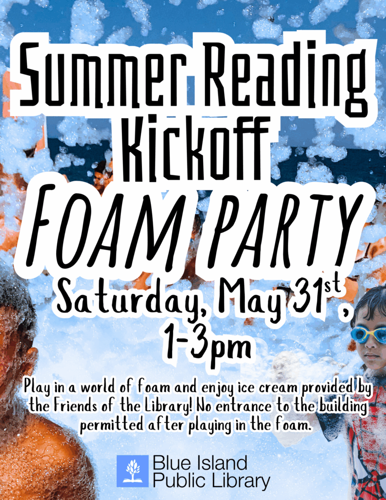 People playing in a foam pit with the words Summer Reading Kickoff Party