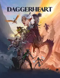Epic promotional poster for “Daggerheart: The Roleplaying Game,” showcasing a dynamic fantasy battle scene. A fierce dragon rears up in the center as diverse adventurers—including a winged elf archer in flight, a goblin warrior casting fire magic, a fur-clad barbarian swinging axes, a robed elf mage hurling ice spells, and shadowy demonic figures—clash amid jagged mountain peaks and crumbling ruins. The artwork glows with dramatic orange sunset skies, evoking high-stakes adventure and magic. Bold title “DAGGERHEART” arches across the top in metallic lettering.