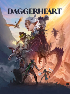 Epic promotional poster for “Daggerheart: The Roleplaying Game,” showcasing a dynamic fantasy battle scene. A fierce dragon rears up in the center as diverse adventurers—including a winged elf archer in flight, a goblin warrior casting fire magic, a fur-clad barbarian swinging axes, a robed elf mage hurling ice spells, and shadowy demonic figures—clash amid jagged mountain peaks and crumbling ruins. The artwork glows with dramatic orange sunset skies, evoking high-stakes adventure and magic. Bold title “DAGGERHEART” arches across the top in metallic lettering.