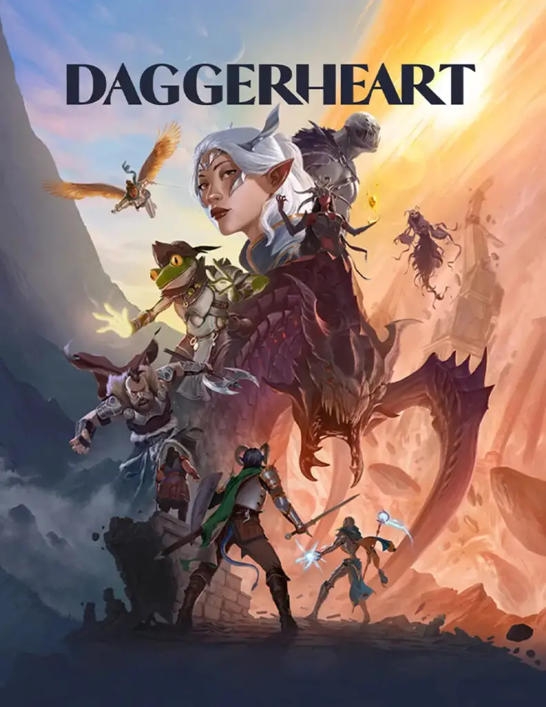 Epic promotional poster for “Daggerheart: The Roleplaying Game,” showcasing a dynamic fantasy battle scene. A fierce dragon rears up in the center as diverse adventurers—including a winged elf archer in flight, a goblin warrior casting fire magic, a fur-clad barbarian swinging axes, a robed elf mage hurling ice spells, and shadowy demonic figures—clash amid jagged mountain peaks and crumbling ruins. The artwork glows with dramatic orange sunset skies, evoking high-stakes adventure and magic. Bold title “DAGGERHEART” arches across the top in metallic lettering.