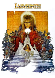 Cover artwork for Jim Henson's Labyrinth: The Adventure Game, featuring a stylized white-toned recreation of the iconic movie poster. Sarah, in a flowing white ballgown, reaches desperately toward a luminous white crystal orb held aloft by the enigmatic Goblin King Jareth, whose dramatic silhouette looms above her. An intricate, labyrinthine pattern swirls across the background, evoking mystery and enchantment. The title "JIM HENSON'S LABYRINTH THE ADVENTURE GAME" appears in elegant gold lettering at the bottom.