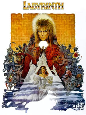 Cover artwork for Jim Henson's Labyrinth: The Adventure Game, featuring a stylized white-toned recreation of the iconic movie poster. Sarah, in a flowing white ballgown, reaches desperately toward a luminous white crystal orb held aloft by the enigmatic Goblin King Jareth, whose dramatic silhouette looms above her. An intricate, labyrinthine pattern swirls across the background, evoking mystery and enchantment. The title "JIM HENSON'S LABYRINTH THE ADVENTURE GAME" appears in elegant gold lettering at the bottom.